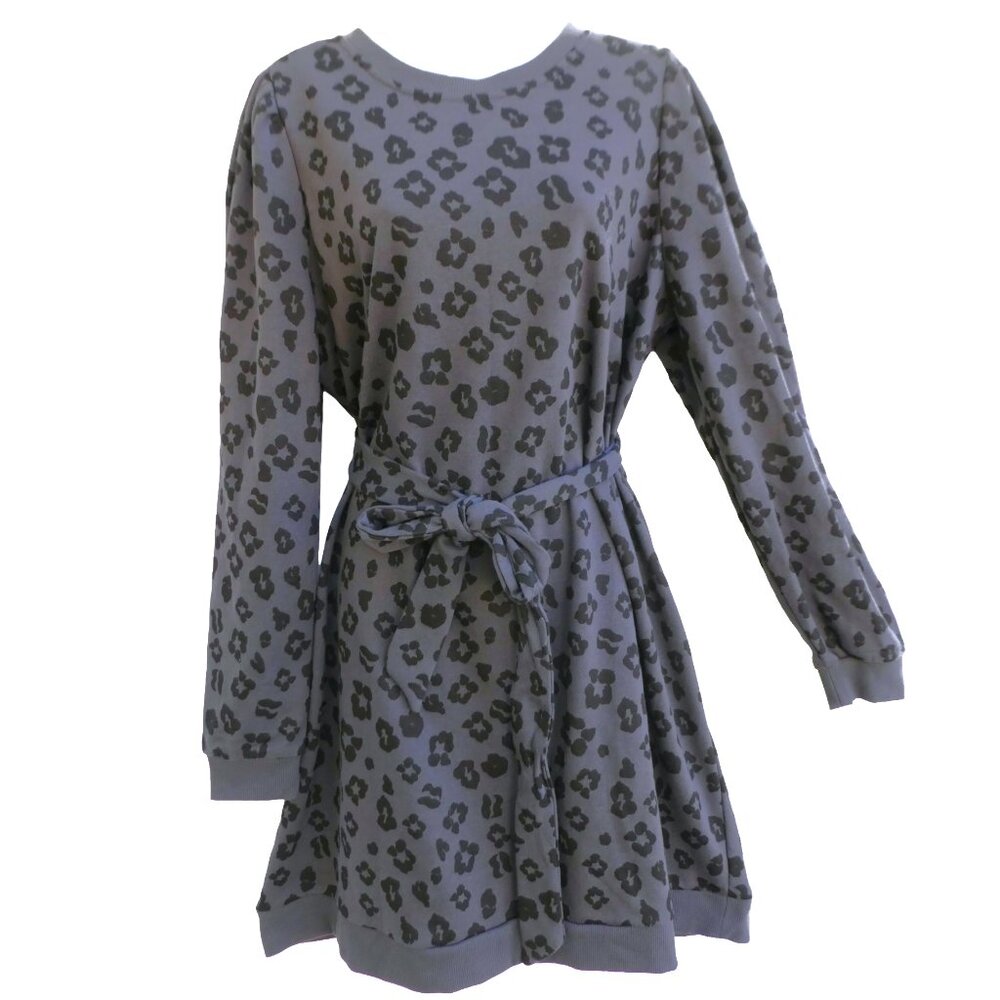 Eloquii PLUS Gray Animal Cheetah Sweatshirt Dress Tie Belt Puff Shoulder 18 20
